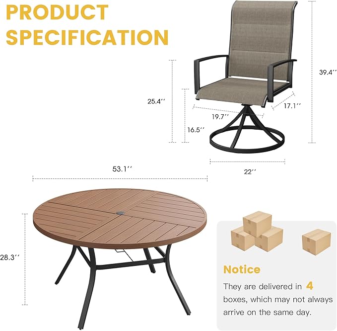 VICLLAX Patio Dining Set for 6, 6 Seats Outdoor Furniture Includes 53.1" Round Patio Table and Swivel Padded Chairs, Walnut Tabletop and Mixed Brown Fabric