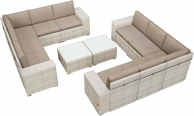 12 Piece Patio Furniture Set, 8" Wide Arm Sectional Sofa Set with Coffee Table, High-Back All-Weather Rattan Outdoor Conversation Set for Garden, Porch, Lawn, Khaki