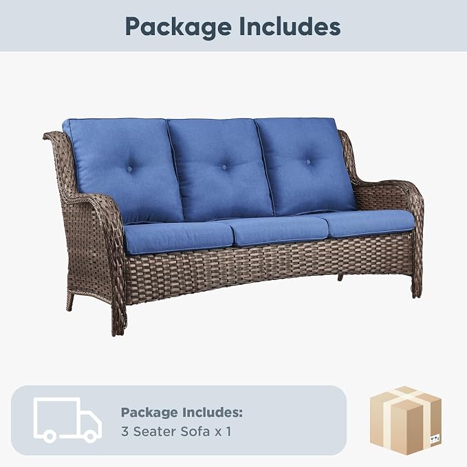 Belord Patio Sofa Luxury PE Wicker 3-Seater Outdoor Couch, Modern All-Weather High Back Deep Seat Woven Furniture Set for Porch, Deck, Balcony, Backyard - Brown/Blue