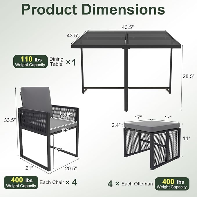 Tangkula 9 Pieces Patio Dining Set, Outdoor Space-Saving Furniture Set with PE Rattan Chairs, Tempered Glass Table and Ottomans, Outdoor Sectional Conversation Set with Cushions for Yard