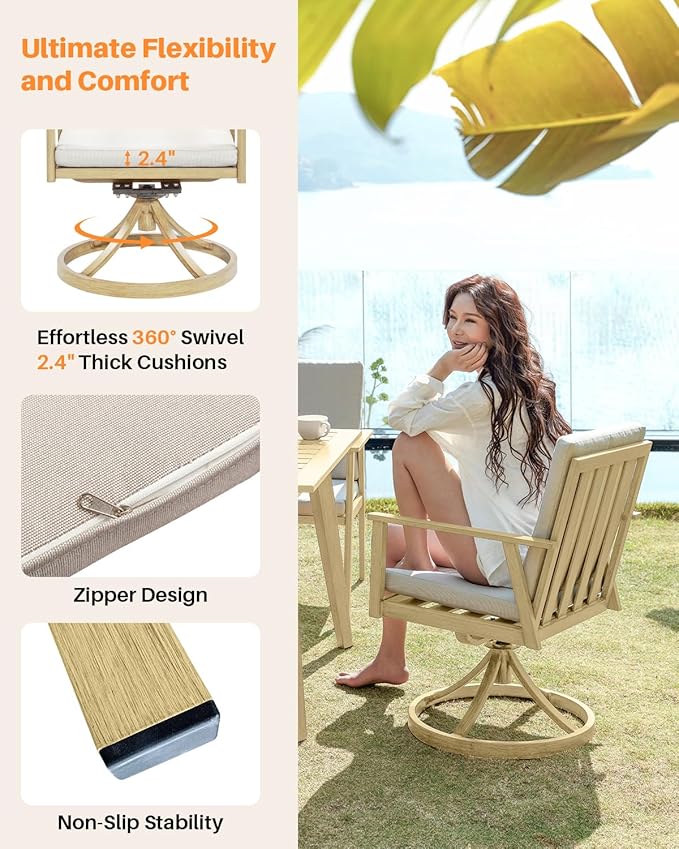 7 Pieces Outdoor Dining Set, Never-Rust Aluminum Patio Swivel Dining Set with Umbrella Hole, 360° Rotation Outdoor Patio Furniture Set, 6 Swivel Chairs and Table for Decks, Pool, Maple Wood