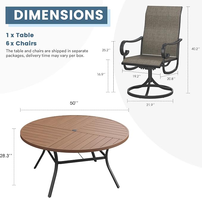 DIFY 7 Piece Outdoor Dining Set for 6, 50" Walnut Round Metal Dining Table with Umbrella Hole and Swivel Patio Chairs with Brown Textilene Fabric, Patio Table and Chairs Set for Garden Backyard Deck