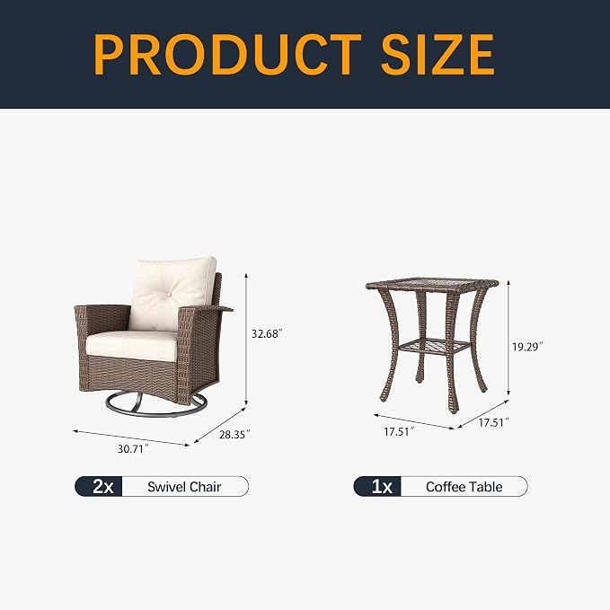 3 Pieces Outdoor Patio Furniture Set, Wicker Patio Sectional Set Conversation Wicker Swivel Chairs with Small Side Table