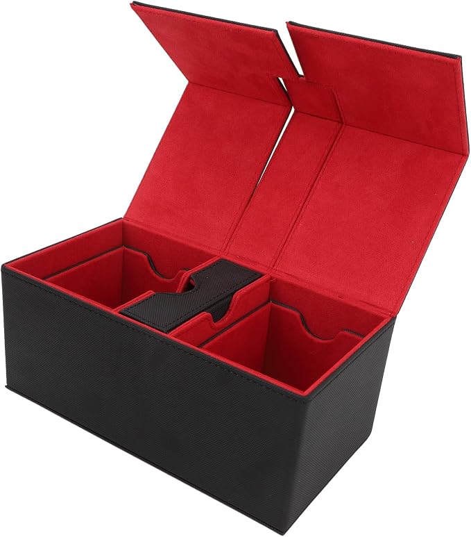 SUNGOOYUE Card Deck Box, PU Leather Game Card Storage Box with 3 Drawers and Magnetic Closure, for Holding Over 200 Cards Sports Cards (Black Red)