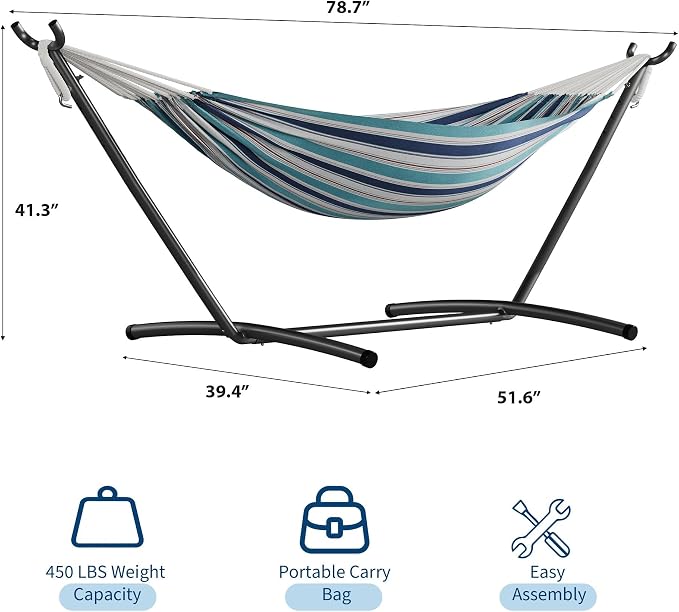 Double Hammock with Steel Stand, 450lbs Capacity Heavy Duty 2 Person Portable Cotton Hammocks for Backyard Patio Garden Camping, Carrying Bag Included, Brazilian Style