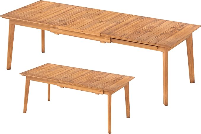 Tangkula 71"-94" Teak Wood Extendable Patio Dining Table for 6-8 People, Large Expandable Outdoor Slatted Table, Rectangular Outdoor Dinner Table for Garden, Lawn, Yard and Poolside