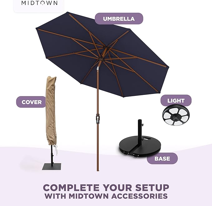 Midtown Umbrellas Wooden 2-8 Ft Patio Umbrella with 360° Swivel & Tilt Mechanism, 8 Fiberglass Ribs & Terylast Polyester Fabric for Deck, Pool, Garden & Porch - Navy Canopy, Wooden Pole