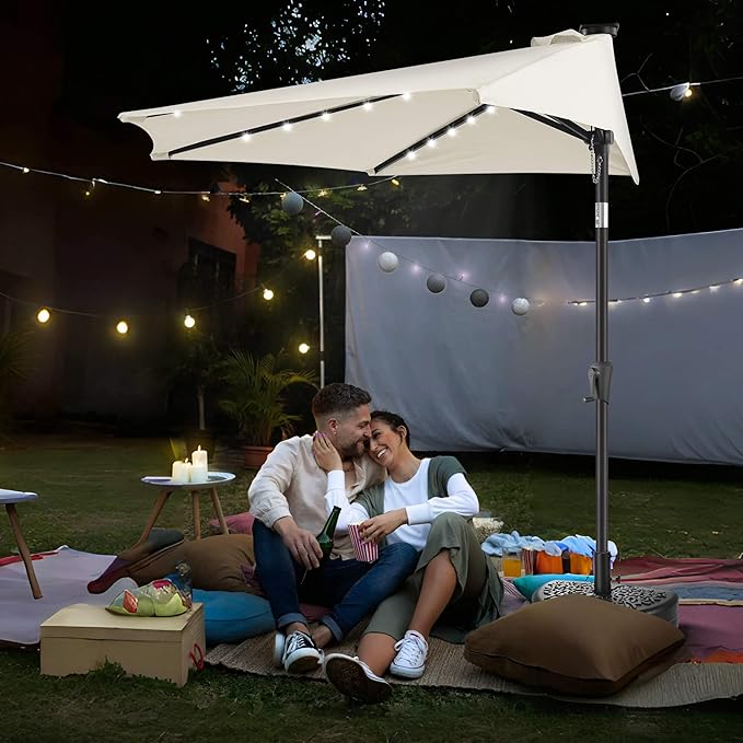 9FT Solar Half Umbrellas Outdoor - LED Half Patio Umbrella with 25 Lights, UV Protection Waterproof, Half Round Umbrella for Wall Balcony, Pool, Porch, Garden, Deck, Backyard, Ivory