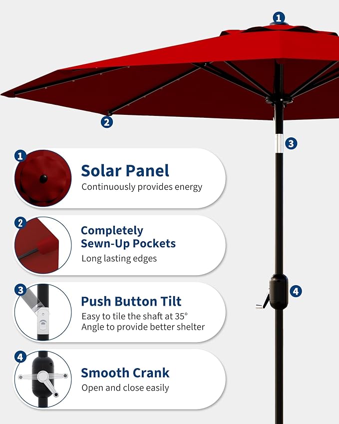 GarveeLife Patio Umbrella with Lights, 8 Ribs Outdoor Market Table Umbrella for Pool, Deck, Backyard (Red, 9 ft)