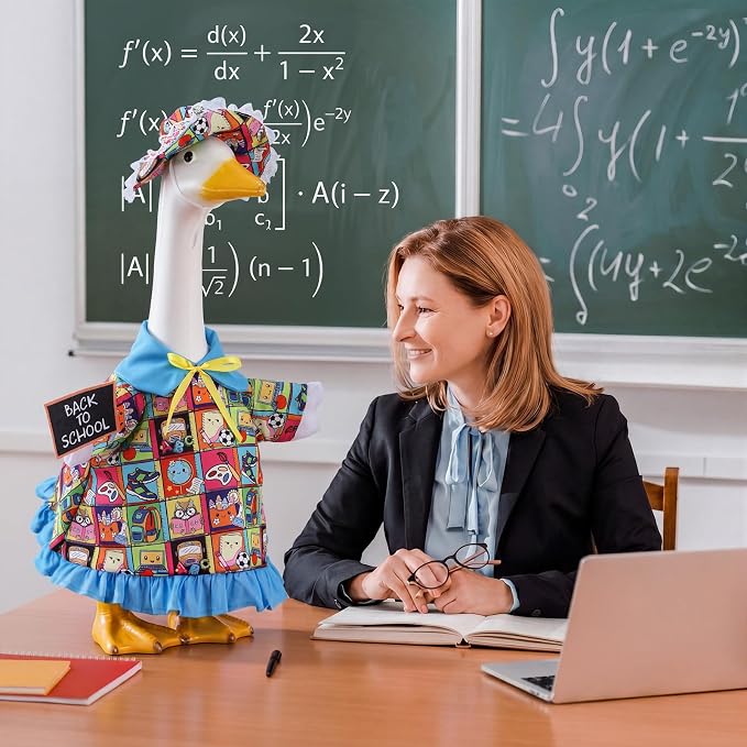 Outus Back to School Porch Goose Outfits Includes Blue Sun Hat and Blue Notebook Shirt First Day of School Classroom Goose Clothing for Outdoor Garden Yard Patio Lawn 23" Statue