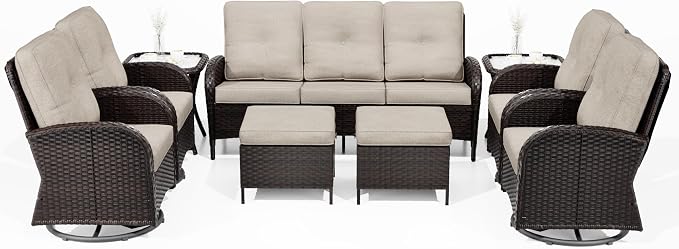 Joyside Wicker Patio Furniture Set, 9 Piece Outdoor Furniture Set with Thickened Cushions, High Back, Deep Seating, Wide Armrest, Outdoor Swivel Rocker Chairs for Porch, Deck