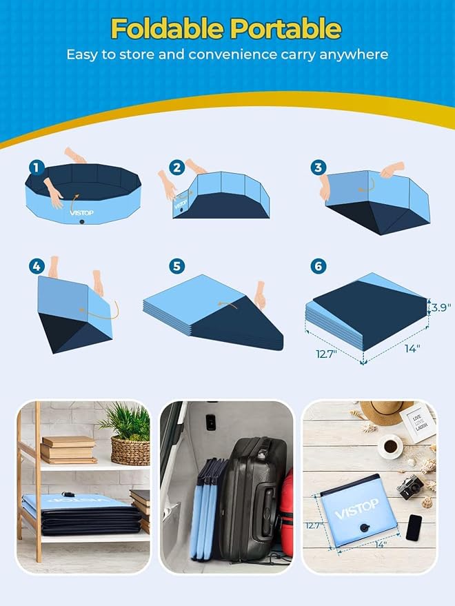VISTOP Jumbo Foldable Dog Pool, Hard Plastic Shell Portable Swimming Pool for Dogs Cats and Kids Pet Puppy Bathing Tub Collapsible Kiddie Pool (107inch.D x 15.7inch.H, Blue)