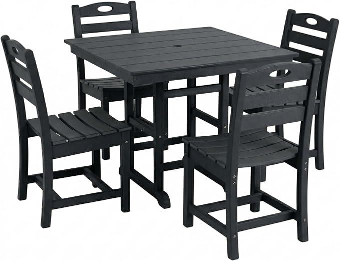 WILLIAMSPACE 37.8" Outdoor Patio Dining Set with 4 Armless Chairs, All Weather HDPE Square Dining Table with Umbrella Hole, Patio 5-Piece Bistro Set for Backyard, Balcony, Lawn, Kitchen (Black)