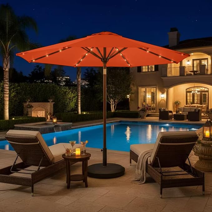9' Solar LED Patio Umbrella with Tilt & Crank|8 Sturdy Ribs,UV Protection,Outdoor Market Table Umbrella for Deck,Lawn,Pool,Backyard(Orange)