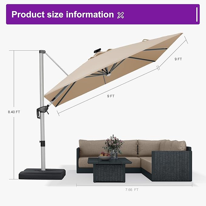 PURPLE LEAF Patio Umbrella with base 9 Feet Outdoor Square Cantilever Umbrella Solar Powered LED with 360-degree Rotation for Garden Deck Pool Patio, Beige