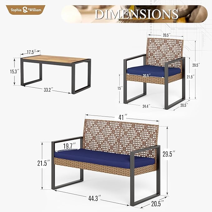 Sophia & William 4 Pieces Patio Conversation Set, Wicker Outdoor Furniture Set for 4, All Weather Outdoor Seating Set, Rattan Loveseat & Chairs with Cushions & Coffee Table,Brown and Navy Blue