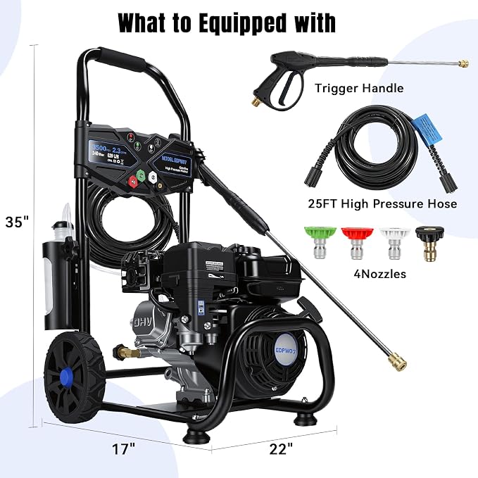 Gas Pressure Washer, 3500PSI / 209CC / 2.3GPM / 7HP 4-Stroke Portable Power Washer Gas with 4 Quick Connect Nozzles, 25FT Hose, Soap Tank, Pressure Washer Gas Powered for Car Driveway Deck Paint Prep
