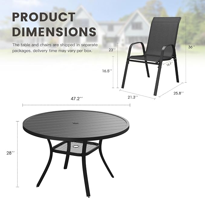 7 Pieces Outdoor Dining Set, 47.2" Round Table with Umbrella Hole & Stackable Patio Dining Chairs, Patio Table and Chairs Set for Deck Garden Porch, Black Chairs & Black Table
