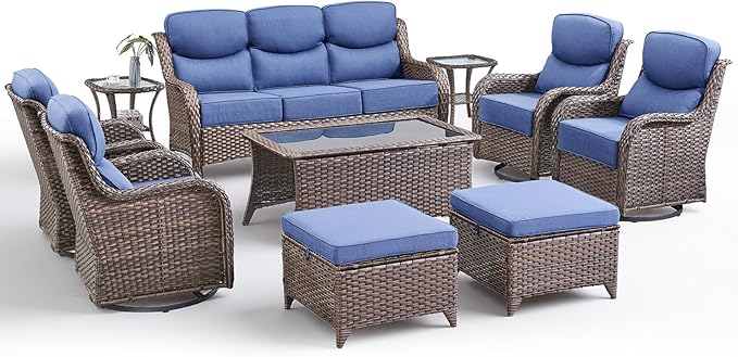 Luxury 10 Pieces Patio Furniture Set, Wicker Swivel Rocker Patio Chairs with 6" Thick Cushion, Outdoor Wicker Sofa with Coffee Table, All Weather Outdoor Conversation for Garden Porch(Brown/Blue)