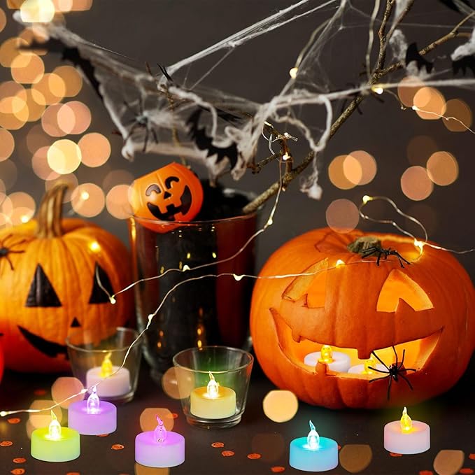 48 Pack Slowly Color Changing Tea Lights Battery Operated, Flameless Electric Colored Flicker Votive TeaLights, Colorful Flickering Candles Bulk for Christmas Party Halloween Pumpkin Decorations