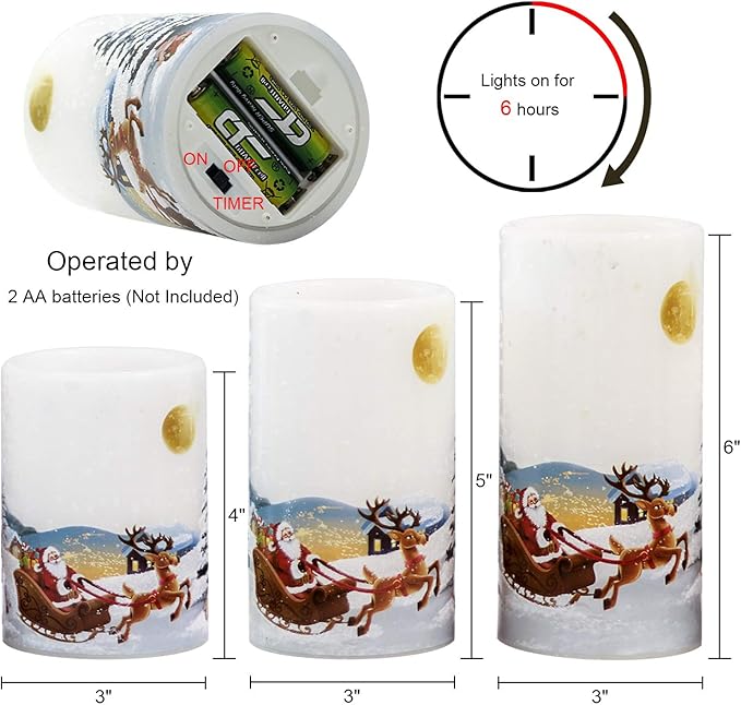 GenSwin Christmas Santa Clause Flameless Candles Flickering Battery Operated with Timer, Real Wax Led Pillar Candles Warm Light, Christmas Snowman Santa Clause and Deer Home Decor Gift(Pack of 3)
