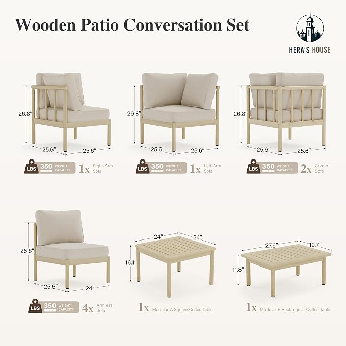 HERA'S HOUSE Patio Furniture,Acacia Wood Outdoor Sectional Sofa with 5.5" Ultra-Thick Cushions,L/U Shaped Modular Patio Conversation Set,Lawn Garden Backyard Couch Set with Nesting Tables,Beige