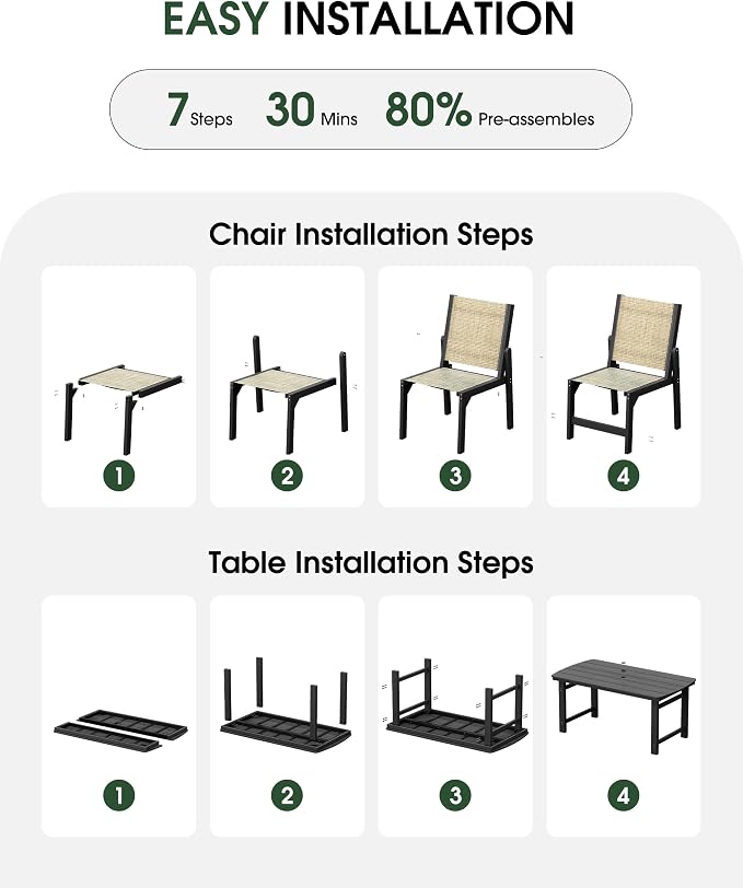 HDPE Outdoor Patio Dining Set with Table & 6 Stackable Armless Textilene Chairs, All-Weather 7-Piece Dining Table Set with Umbrella Hole, Patio Furniture for Garden, Poolside, Backyard, Deck | Black