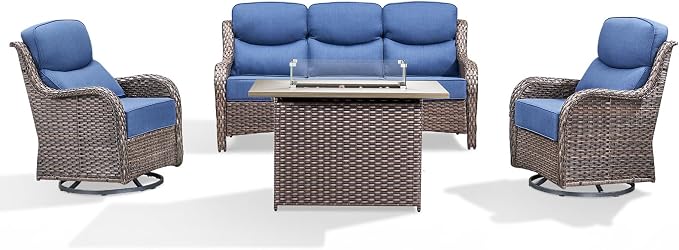 Luxury Patio Furniture Set with 6-inch Thick Cushion, Outdoor Furniture with Fire Pit Table, Swivel Chairs, Sofa, 4pcs Wicker Conversation Set for Deck Yard and Poolside(Brown Wicker/Blue Cushion)
