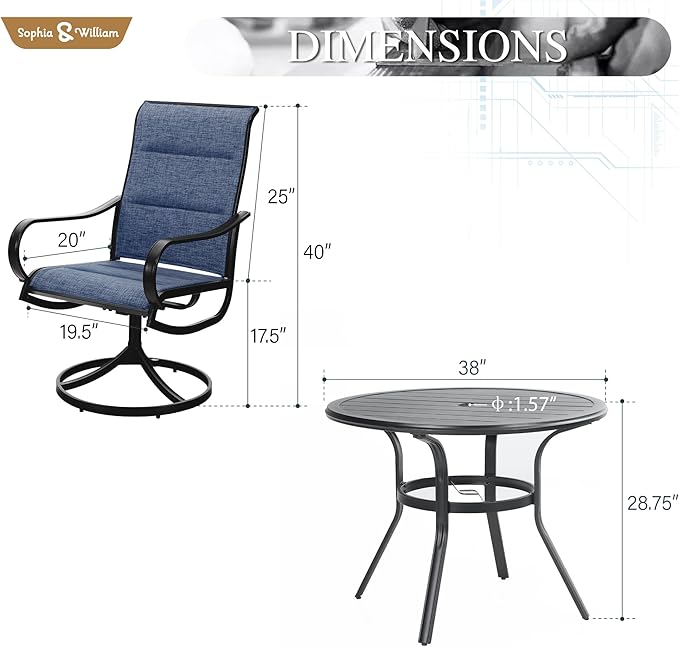 Sophia & William 7 Pieces Outdoor Patio Dining Set, 6 x Swivel Patio Dining Chairs and 54" Large Round Metal Dining Table, Outdoor Table and Chair Furniture Dining Set Support 300lbs(Blue)