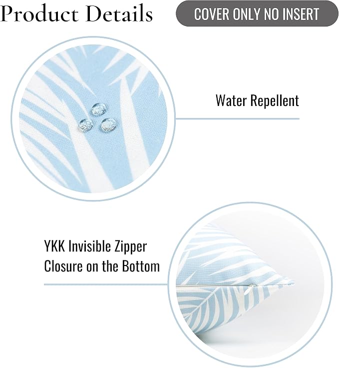 Hofdeco Premium Coastal Hampton Style Patio Indoor Outdoor Lumbar Pillow Cover Only, 12"x20" Water Resistant for Backyard, Couch, Baby Blue Palm Leaf
