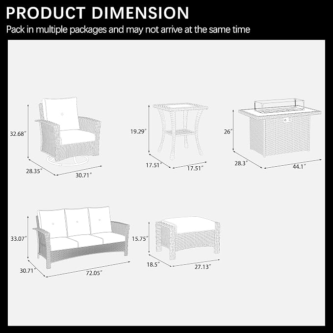LayinSun 10 Piece Wicker Patio Furniture Set with Fire Pit Table, Classis Outdoor Conversation 360 Degree Swivel Chairs Set with Coffee Table