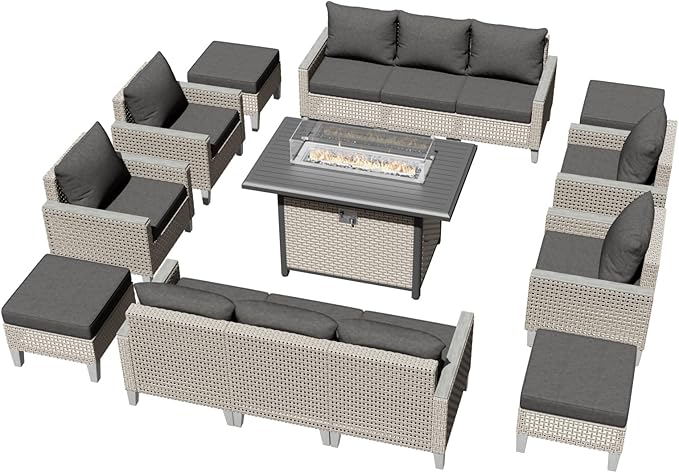 Outdoor Patio Furniture Set with Fire Pit Table 15-Piece Modular Wicker Sectional Sofa with Ottomans and Thick Cushions, Modern Rattan Outdoor Conversation Couch, Black