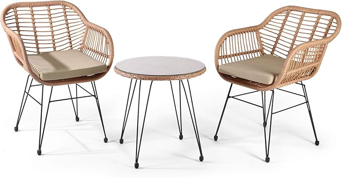 WestinTrends 3 Pc Set Furniture Wicker Rattan Patio Conversation Seating Chair with Cushions and Table for Indoor Outdoor, Balcony, Porch, Garden, Pool, Deck, Lounge, Beige