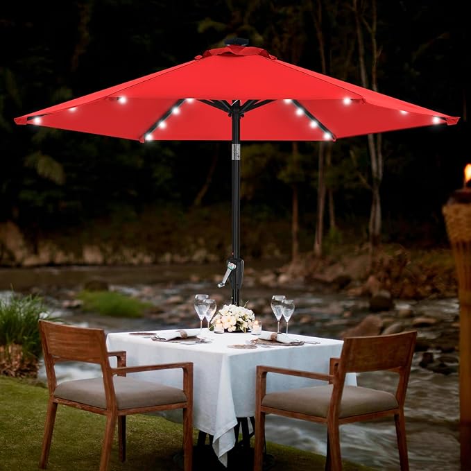 MASTERCANOPY 7.5FT 6Ribs Patio Umbrella with 32 Solar LED Lights, Outdoor Market Umbrella with Tilt & Crank, UV Protection & Fade Resistant Fabric, Easy Set-Up for Garden, Deck, Pool (Red)