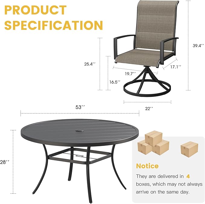VICLLAX 7 Pieces Patio Dining Set for 6-Outdoor Furniture Includes 53" Round Outdoor Table and Swivel Padded Chairs, Black Tabletop and Mixed Brown Fabric