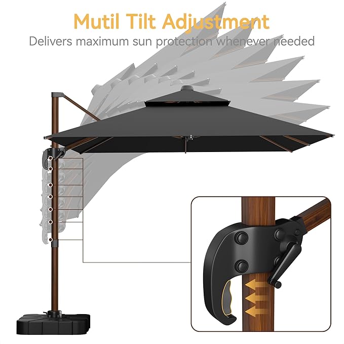 10x13 FT Wood Pattern Patio Umbrella with Base, Large Deluxe Cantilever Rectangular Double Top Heavy Duty Offset Umbrellas with 360° Rotation, Outdoor shade for Garden Pool Patio, Grey
