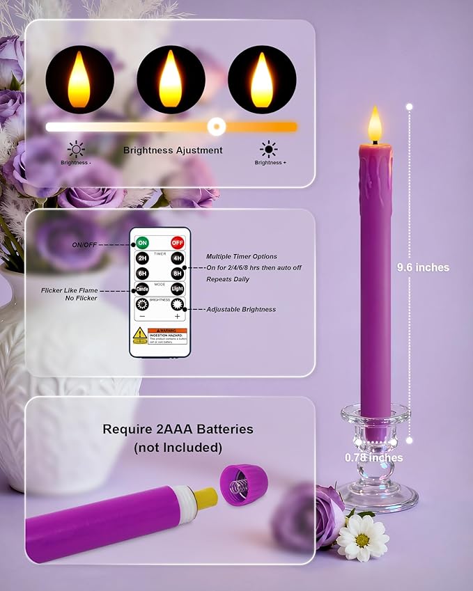 Homemory 6 Pcs Real Wax Purple Flameless Taper Candles with Remote Timer, 9.6 Inches LED Fake Candlesticks, LED Candle with 3D Flickering Flame for Romantic Wedding, Dinner, Xmas Anniversary Decor