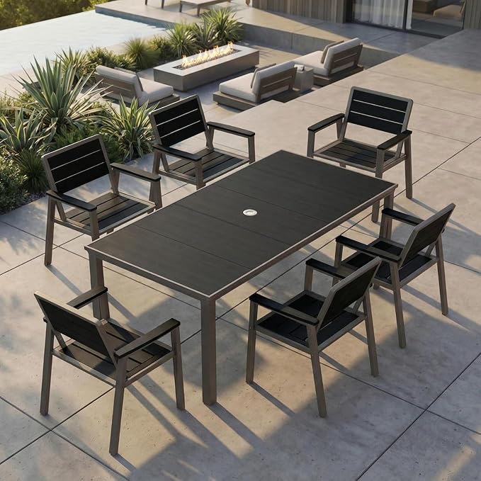 4 Person Outdoor Dining Set, Aluminum & HDPE Patio Table and Chairs with 2" Umbrella Hole, Weather-Resistant Outdoor Furniture for Backyard, Deck, Porch, Garden, Poolside (Black)