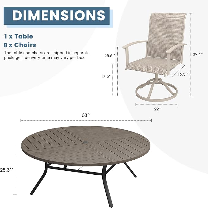 DIFY 9 Pieces Outdoor Dining Set, Metal Patio Table and Chairs Set for 8 with Umbrella Hole, 63" Grey Wood-Like Round Table and Sandshell Textilene Swivel Patio Chairs for Garden, Backyard, Poolside