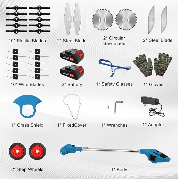ALSO GO 24V Cordless Weed Wacker Lawn Edger, Electric Lightweight Battery Powered String Trimmer, 3-in-1 Brush Cutter Wire Brush & Guide Wheel for Garden Edging (2 Batteries, 2.0Ah, Blue)