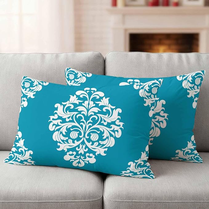 Outdoor Pillow Covers Set of 2, Abstract Minimalist Boho Blue Flower Decorative Throw Pillow Covers 20X12IN, Aesthetic Art Throw Pillows Protector Cushion Case for Patio,Couch,Sofa,Garden