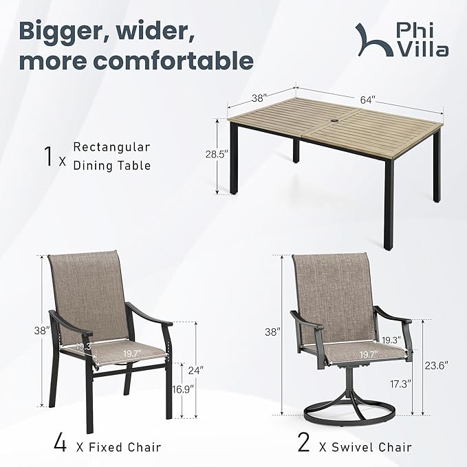 PHI VILLA 7 PCS Outdoor Dining Set,2 Swivel & 4 Stable Dining Chairs,Patio Table with Wooden Like Table Top,Sling Fabric and Durable Frame,Outdoor Dining Table and Chairs for Garden