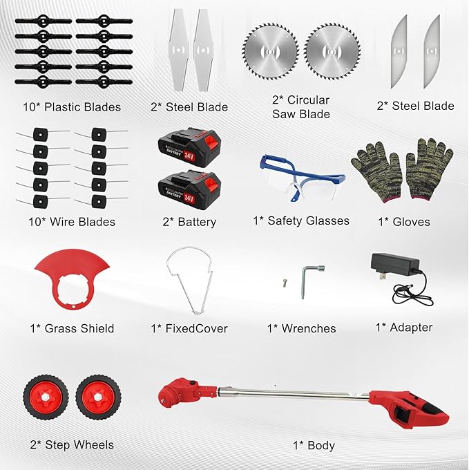 ALSO GO Weed Wacker, Cordless String Trimmer 24V with 2 Batteries 2.0Ah, 3 Types Metal Blades Powered Grass Trimmer, Pruning Shears, Adjustable Pole Weed Trimmer for Garden and Yard Lawn-Red