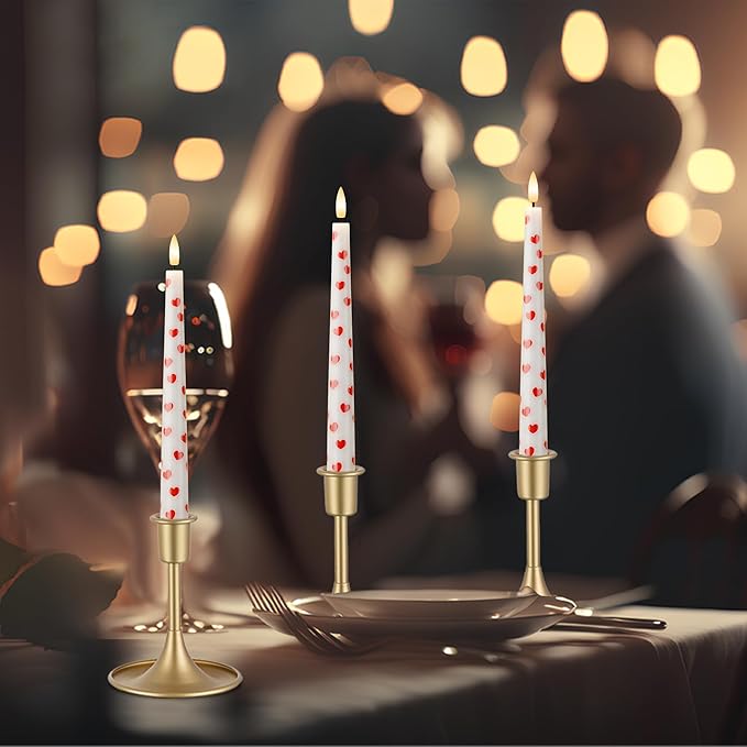 Valentine Day Flameless Taper Candles with Heart, 9.6" Real Wax LED Candles with Remote, 3 Pack Flickering Battery Operated Candlesticks for Proposal Wedding Anniversary Romantic Night