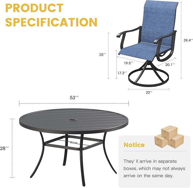 VICLLAX Patio Dining Set for 6, 7 Pieces Outdoor Furniture Includes 53" Round Patio Table with Umbrella Hole and 6 Outdoor Swivel Chairs for Lawn Garden, Black Tabletop and Blue Fabric
