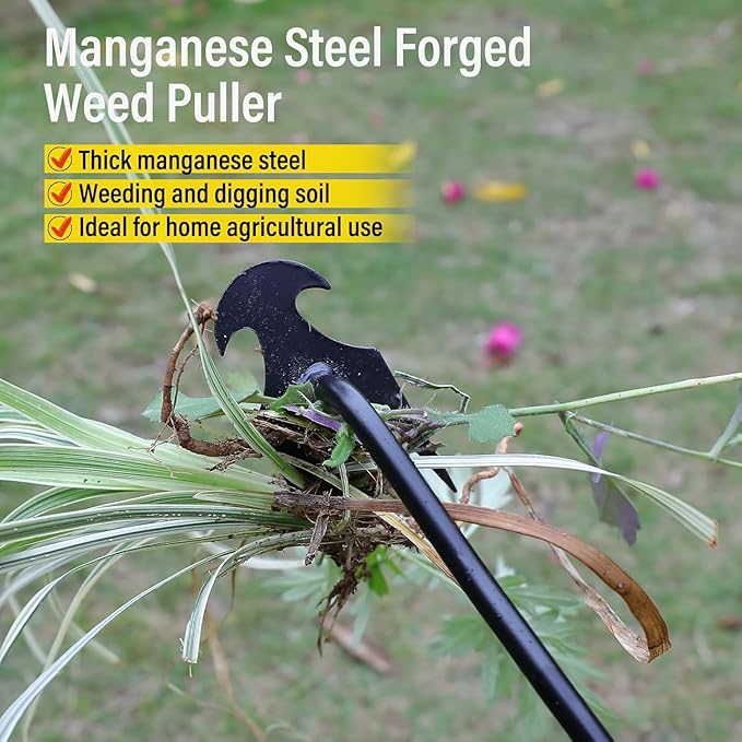 Manual Weed Puller Tool, 4-Claw Steel Head, Wooden Handle, Hand Garden Weeder