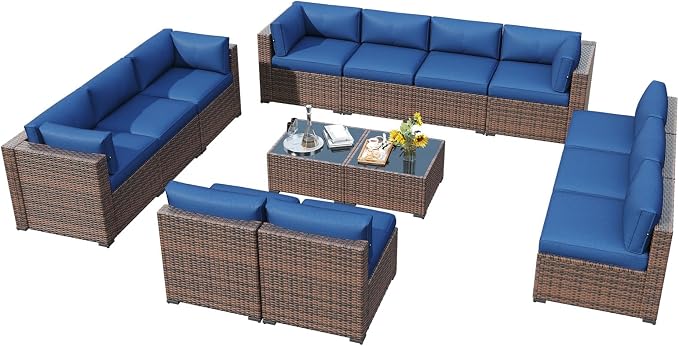 LazySunsets 14 Piece Outdoor Patio Furniture Set with Coffee Table, Outdoor Patio Furniture Sets with 4'' Thicken Cushion, Wicker Outdoor Conversation Set for Backyard & Garden, Blue