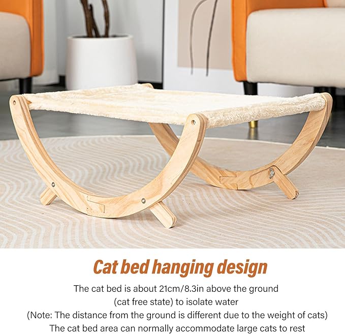Wooden Cat Hammock, Elevated Cat Swing Bed with Removable Cushion, Foldable Breathable Anti Slip Design for Cats Puppies Rabbits, All Seasons Indoor Outdoor Pet Lounger