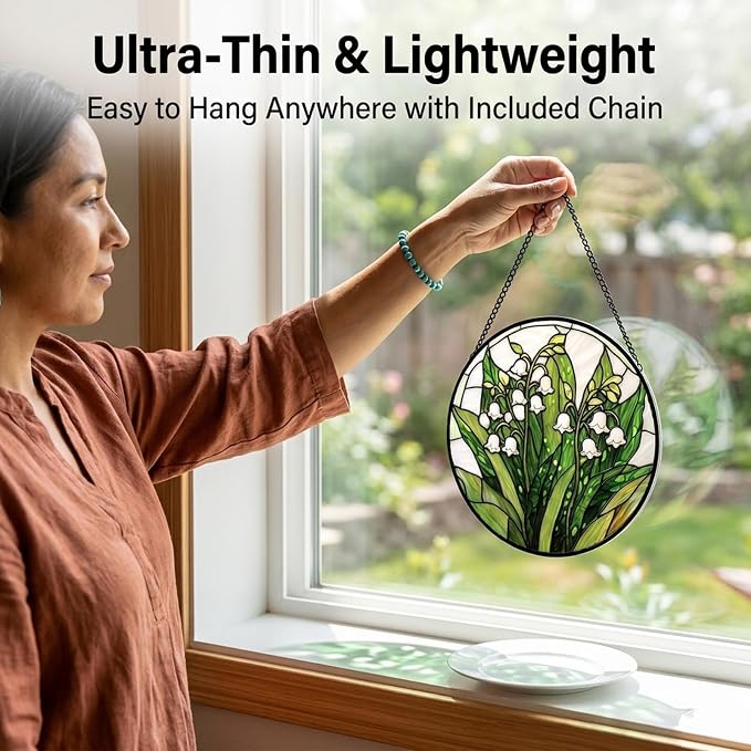 Birthday Gifts for Women - Lily of the Valley Faux Stained Glass Window Hanging Sun Catcher for Door Garden Acrylic Decor Mother's Day Christmas May for Mom Nana Grandma Sisters 6.3"