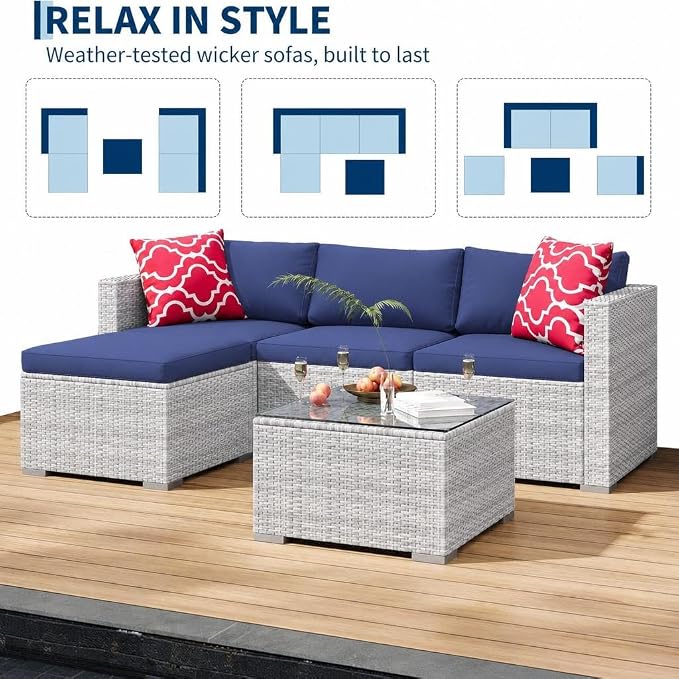 GarveeHome 5 Pieces Patio Sectional Furniture Set, All Weather Wicker Rattan Sectional Sofa, Patio Conversation Set with Cushions and Glass Coffee Table for Backyard Porch Garden Balcony, Blue